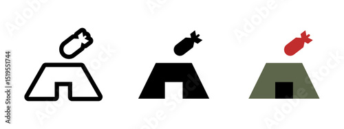 Bomb shelter icon. Protective bunker structure with falling bomb symbol vector illustration. Emergency defense space during airstrikes or explosions pictogram. Military safety zone concept.
