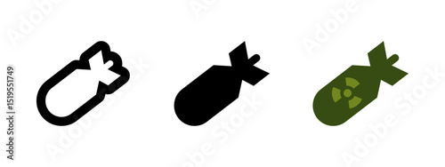 Bomb icon. Stylized explosive missile with fins and radioactive warning symbol vector illustration. Represents nuclear threat, military weapon or explosive danger pictogram. Strategic warfare element.