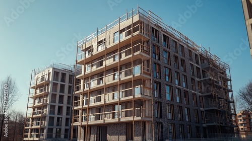 Apartment building under construction on clear sunny day, modern real estate development and urban growth