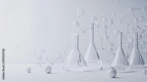 Clear lab glassware and molecules on a light gray surface