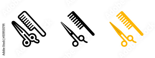 Scissors and comb icon. Classic barber tools crossed in an X shape vector illustration. Represents hair salon services, grooming or hairdressing symbol. Beauty and styling pictogram.