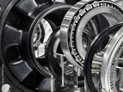 Detailed view of precision metal bearings and components displayed in a modern industrial setting