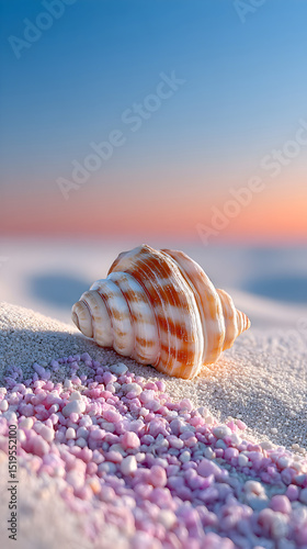 Close-up of a beautifully patterned seashell resting on soft sand with colorful pebbles, capturing the essence of a serene beach environment at sunset. Selective focus