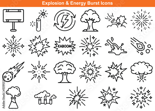 Collection of Energy Burst Icons and Explosions Depicting Kinetic Movement and Potential Danger
