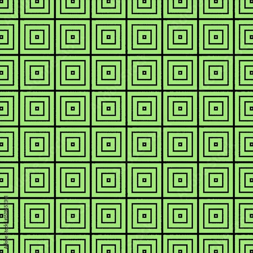 green background with black concentric square outlines inside a grid, creating an optical illusion of depth and movement