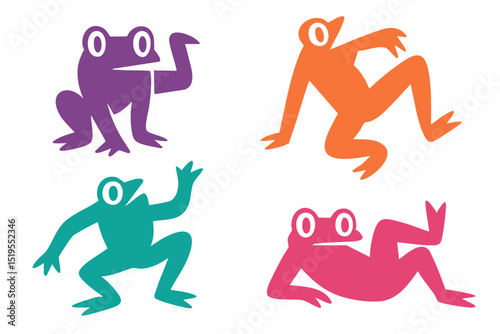 The Frog illustration, colorful minimalist style, mid-century modern, childlike shapes, whimsical character design, no outlines, solid colors, stylized proportions