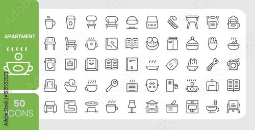 Collection of apartment icons displaying various interior design and home living elements