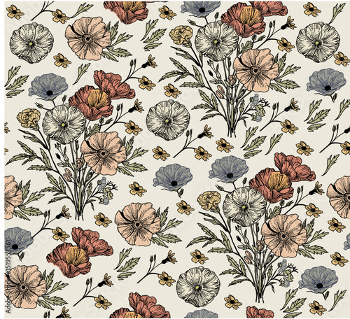 Seamless pattern. Beautiful pink blooming realistic isolated flowers. Vintage background. Set daisies wildflowers. Wallpaper. Drawing engraving. Vector victorian Illustration