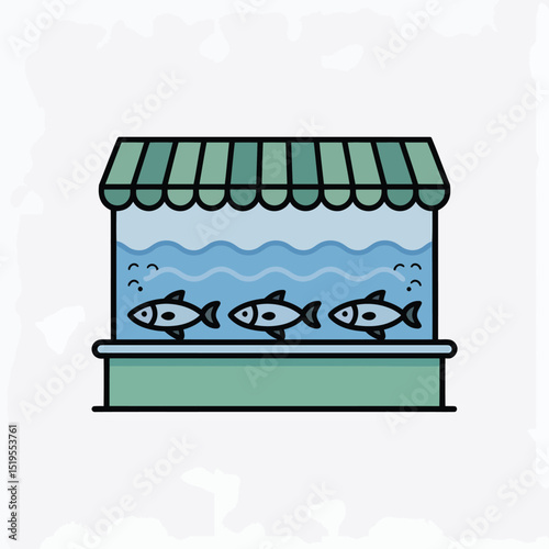 A stylized aquarium with three cartoon fish swimming in blue water inside a green and blue colored fish tank  perfect for education and marine animal themes