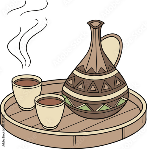 Traditional Ethiopian Coffee Set with Jebena Pot and Cups – Vector Illustration