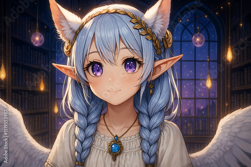 Enchanting anime girl with braided blue hair, elf and cat ears, angel wings, and glowing pendant in a mystical library at night, radiating warmth and fantasy magic in detailed digital art.