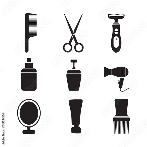 A collection of black silhouette icons representing various professional hair salon tools and products vector art on white