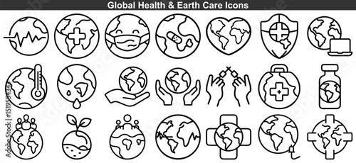 Earth Care and Global Health Icons World, Medical, Protection, and Sustainability Concepts