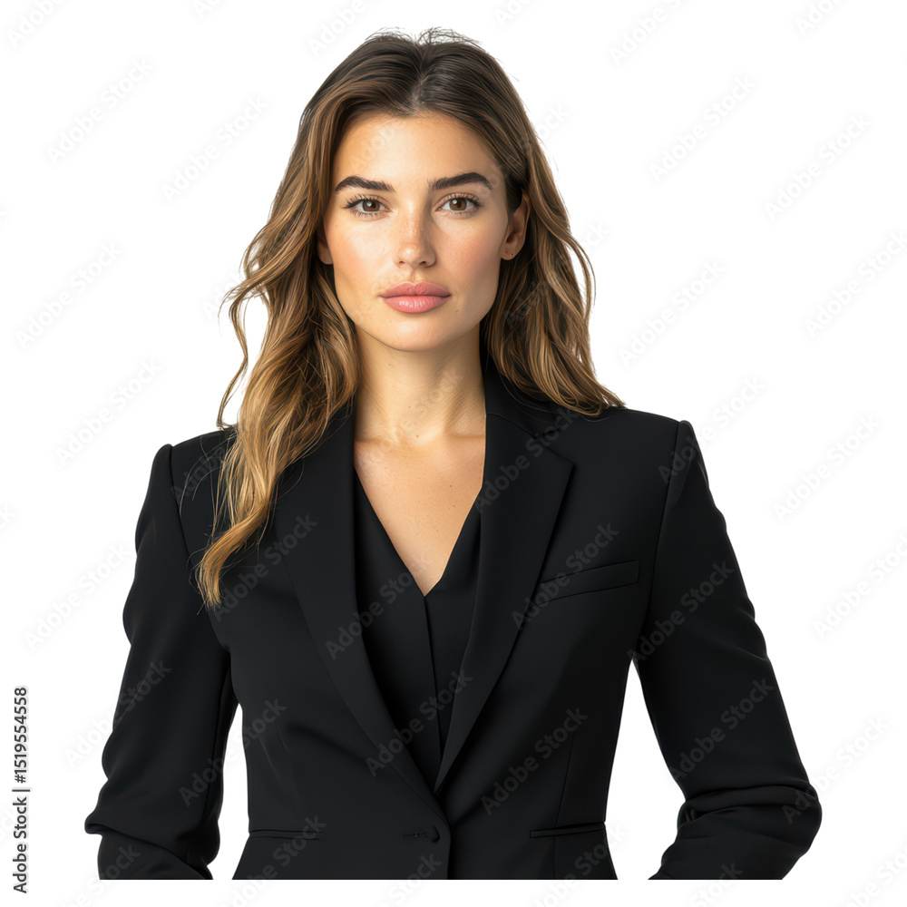 Confident Business Woman in Formal Attire with Long Hair and Natural Makeup, isolated on transparent background. Confident Business Woman in Formal Attire with Long Hair and Natural Makeup, isolated on transparent background.