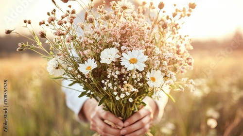 Fototapeta Naklejka Na Ścianę i Meble -  Hands hold fresh daisy blooms with pink flowers. Field setting with sun. Concept relating to gardening and beautiful flowers.