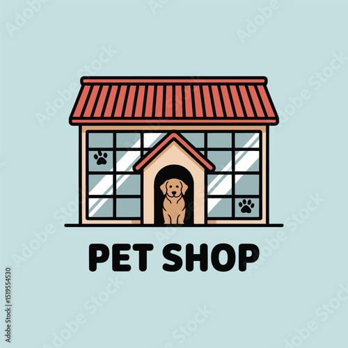 Adorable pet shop logo design featuring a friendly dog inside a kennel symbolizing pet supplies and animal care services in a clean and appealing vector style.