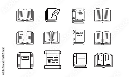 a set of nine simple line art icons depicting various types of books vector art on white 