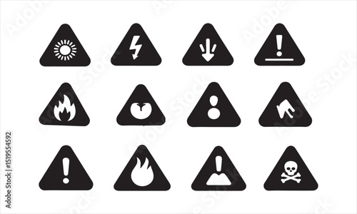 A grid of various black and white hazard warning signs, each displayed within a triangle.
