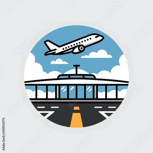 Airport illustration featuring airplane taking off above terminal building with cloudy blue sky in circular design