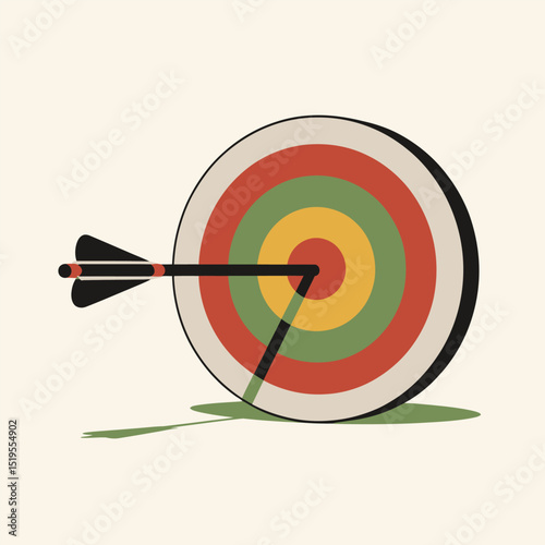 Arrow hitting the center of a target representing achievement success and goal setting on a cream colored background