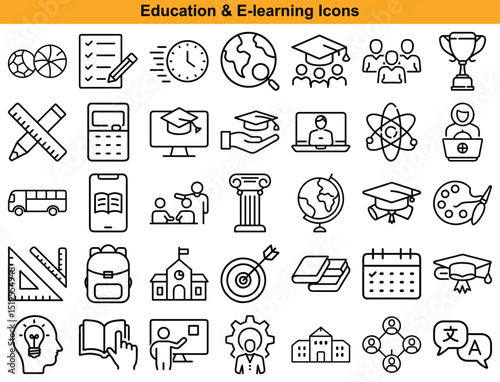 Elearning and Education Outline Icons School, Graduation, Globe, Books, Technology, and People