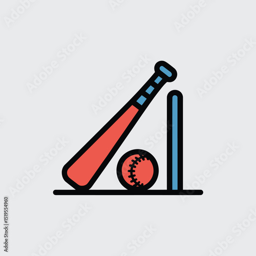 Baseball equipment icon with red bat ball and blue base representing sports and recreation concepts for graphic designs