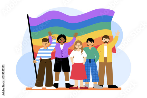 Illustration of people with big Pride month rainbow flag artwork design in cartoon character style.