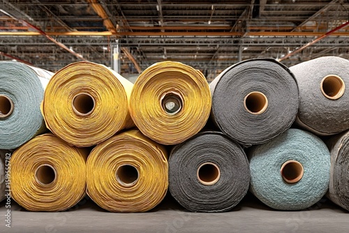 Neatly stacked rolls of colorful textiles fill a warehouse, highlighting the efficient storage and organization of materials essential to the textile industry and its logistics