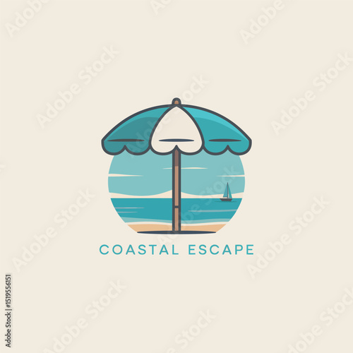Coastal escape logo design featuring beach umbrella sailing boat and ocean scene ideal for travel agencies vacation rentals and seaside businesses