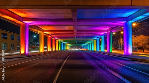 Underpass illuminated with rainbow colors at night, stretching far down the road