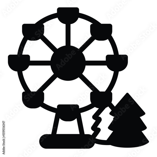 Fir tree and observation wheel solid icon, eco tourism concept. Vector graphics. Amusement park ride, high rise view sign on white background, style mobile or design.