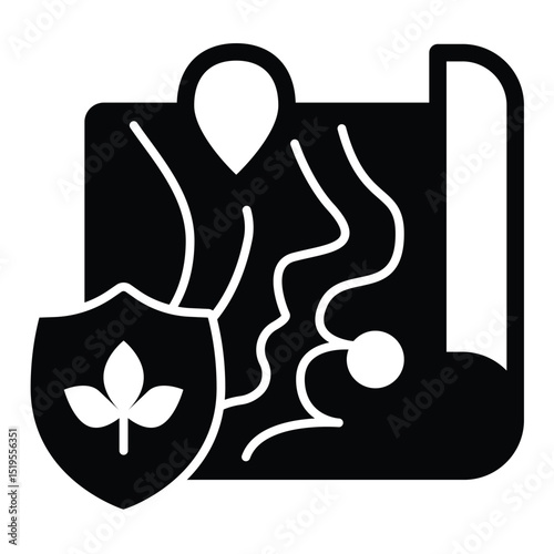 Surface map with location pin, ecology emblem solid icon, eco tourism concept. Vector graphics. Map with safety emblem sign on white background, style mobile or design.