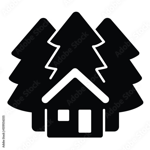 Forest watcher cabin solid icon, eco tourism concept. Vector graphics. House and forest trees sign on white background, style mobile or design.