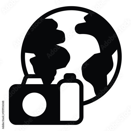 Planet earth and camera solid icon, eco tourism concept. Vector graphics. World globe with photo camera, traveling sign on white background, style mobile or design.
