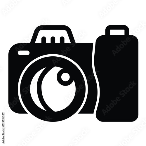 Mirrorless photo camera solid icon, eco tourism concept. Vector graphics. Camera device with DSLR sensor sign on white background, style mobile or design.