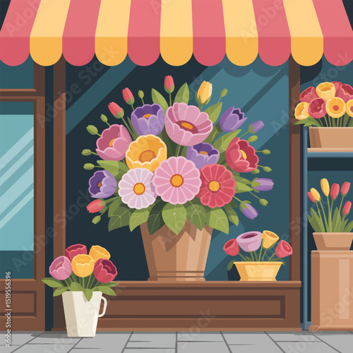 Colorful floral shop display featuring a variety of bright flowers in vases and pots under a striped awning