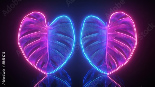 Two mirrored Monstera leaves glowing with pink and blue neon light on a dark surface