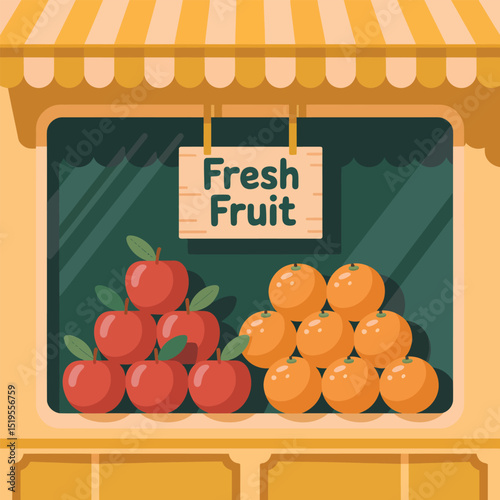 Colorful illustration of a fresh fruit stand displaying apples and oranges in a vibrant grocery store setting with a sign