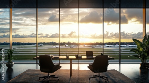 Modern office overlooking airport runway at sunset