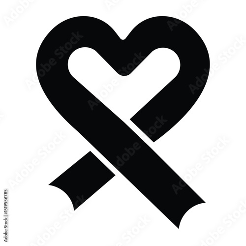 Heart shaped cancer ribbon solid icon, charity concept. Vector graphics. Cancer cure ribbon tape sign on white background, style mobile or design.