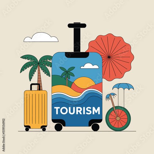 Colorful travel concept illustrating tourism with suitcases palm trees and beach imagery perfect for promotional travel advertisements.