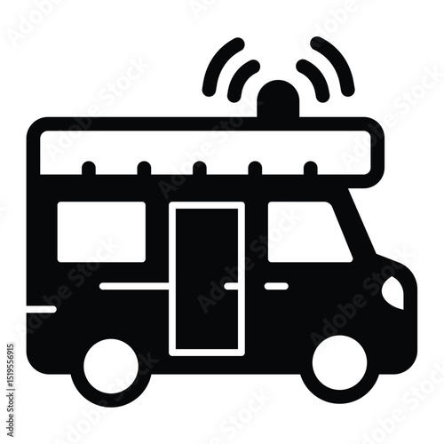 Ambulance car with siren solid icon, charitable medicine concept. Vector graphics. Medical assistance, emergency vehicle sign on white background, style mobile or design.