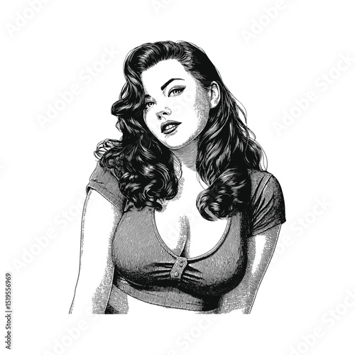 Vintage Retro plus size model illustration, drawn in an engraved, woodcut style with fine details sketch engraving vector illustration. Scratch board imitation. Black and white image. 