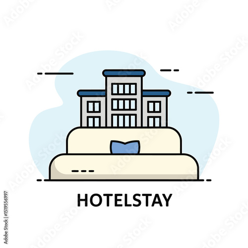 Colorful vector illustration of a modern hotel building with text element representing hotel stay and accommodation services