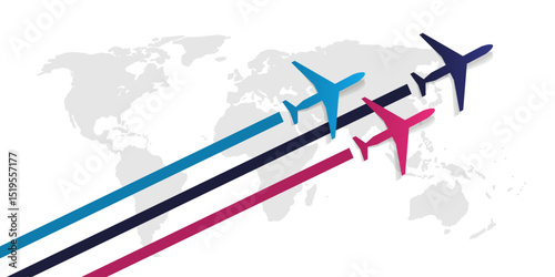 Traveling Around the World - Air Transportation Vector Concept, Travel by Airplane - Grey World Map Creative Design with Symbols of Colorful Planes Fly Intercontinental Routes to Various Destinations