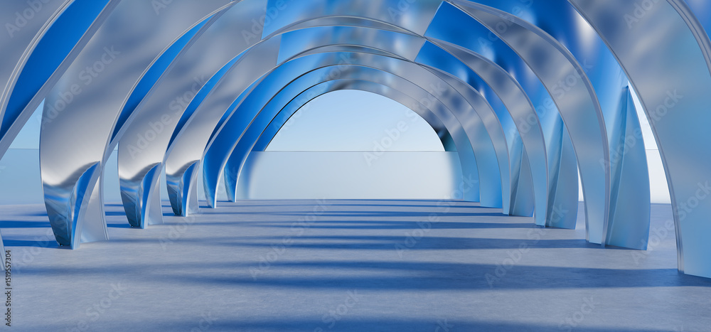 Minimal geometric background made of chrome metal. Podium for your product. Light garage for car presentation. Futuristic design made of chrome metal for your design. 3D render. Minimal geometric background made of chrome metal. Podium for your product. Light garage for car presentation. Futuristic design made of chrome metal for your design. 3D render.