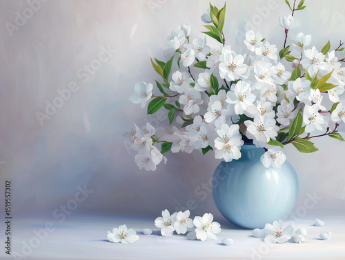Arrangement of White Cherry Blossoms in Light Blue Vase Still Life