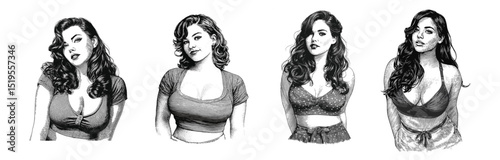 Set of Vintage Retro plus size model illustration, drawn in an engraved, woodcut style with fine details sketch engraving vector illustration. Scratch board imitation. Black and white 