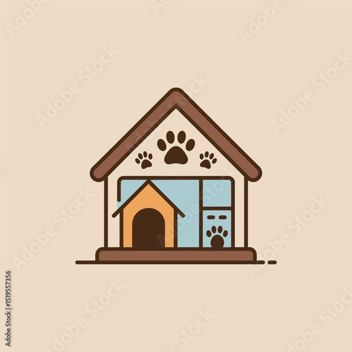 Cute dog house illustration featuring paw prints and design for pet related businesses representing home and comfort