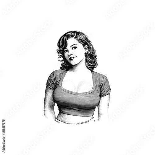 Vintage Retro plus size model illustration, drawn in an engraved, woodcut style with fine details sketch engraving vector illustration. Scratch board imitation. Black and white 